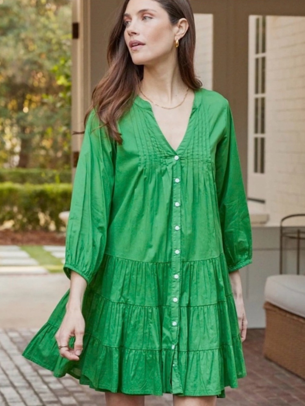 LAKE Green Tiered Button-Front Women's Dress